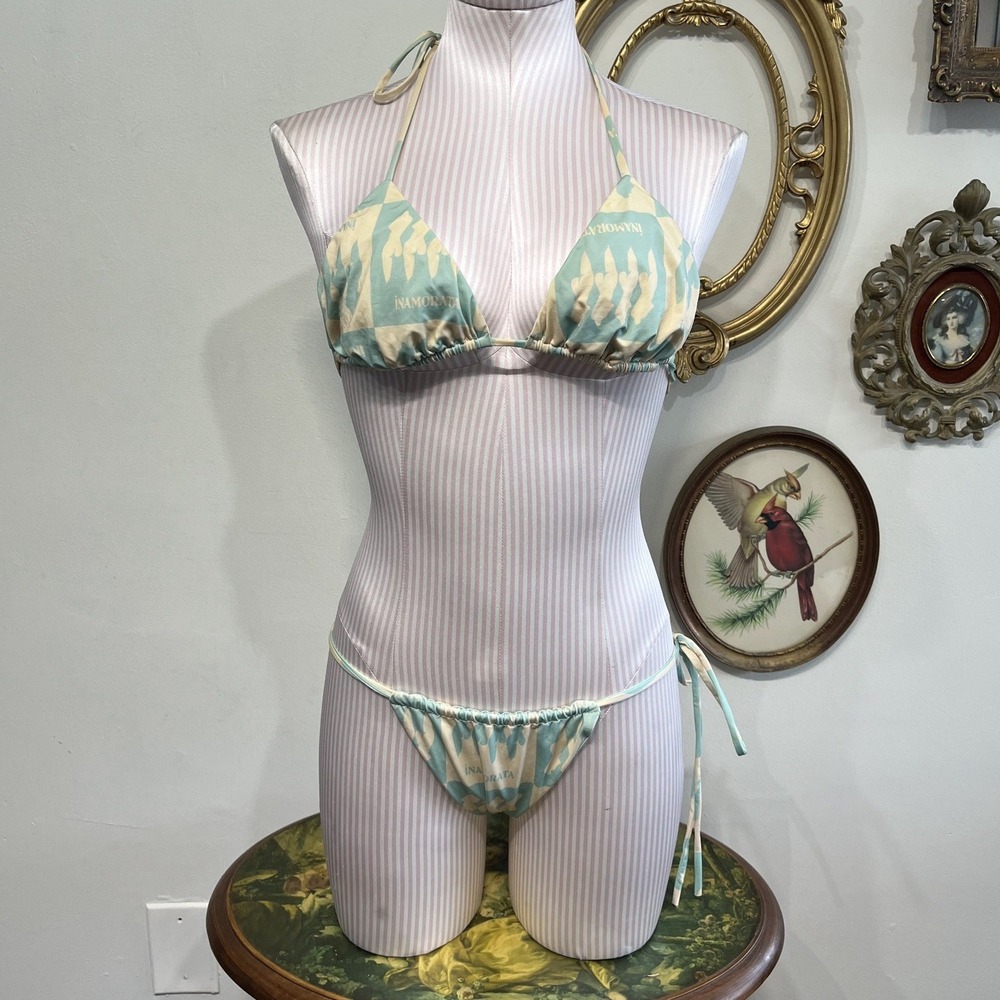 Inamorata Bikini Set Small Cream Blue Abstract Print Y2K Swim Size S